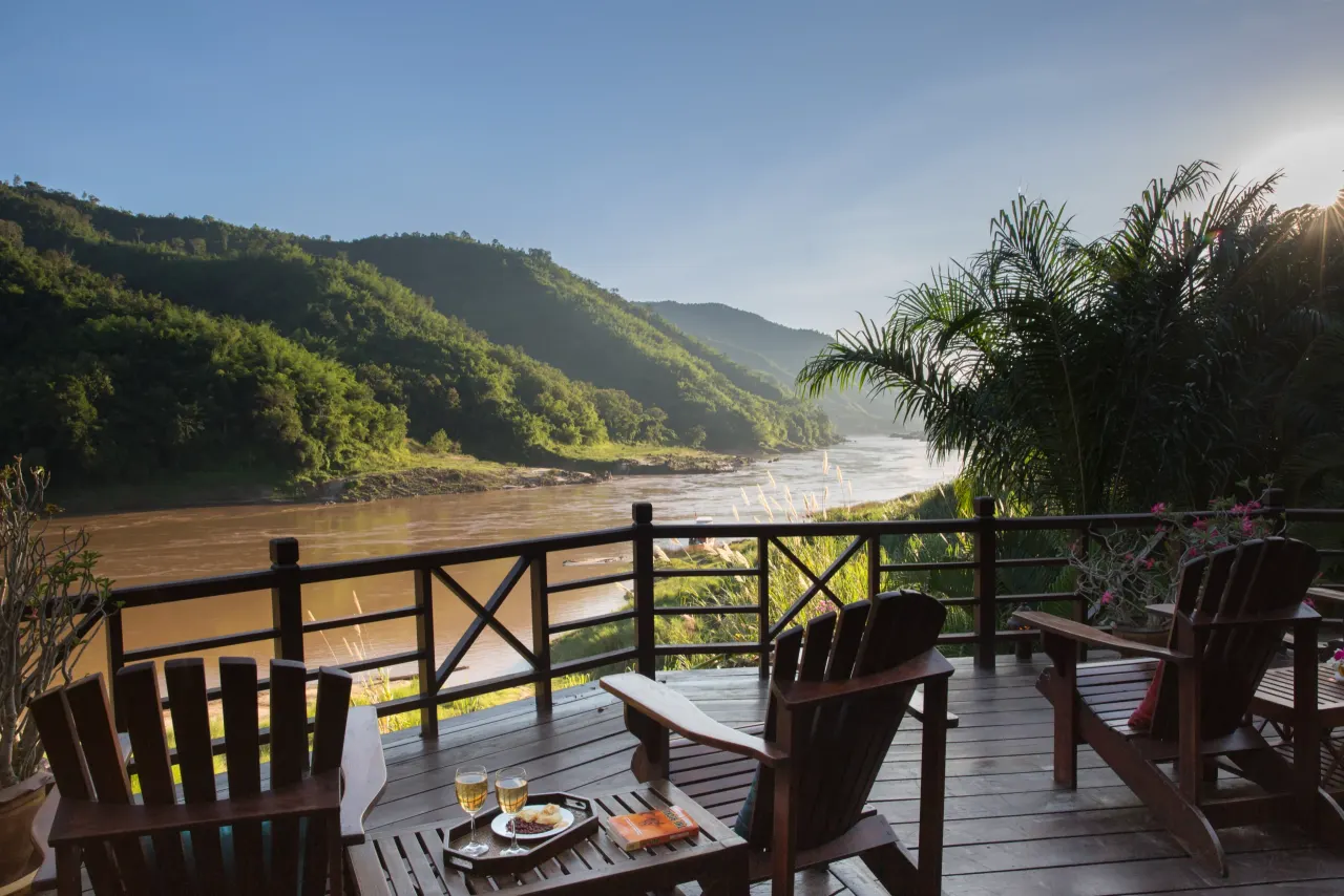 Terrace of Luang Say Lodge overlooking the Mekong River at sunset, Pakbeng, Laos