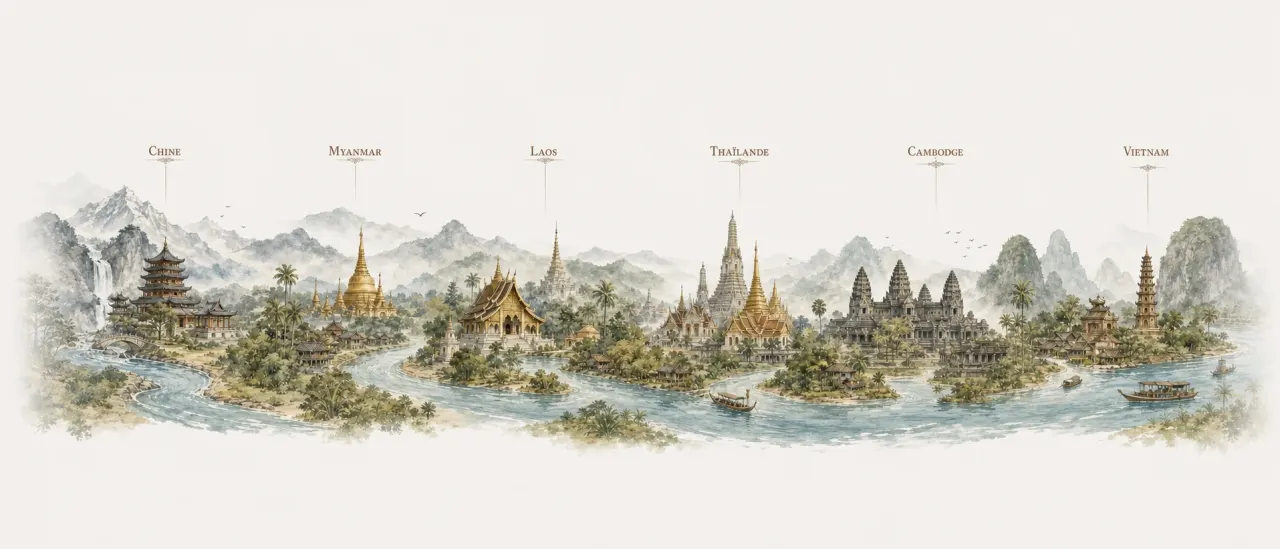 Illustrated map of the Mekong River in Laos with temples and villages along the cruise route